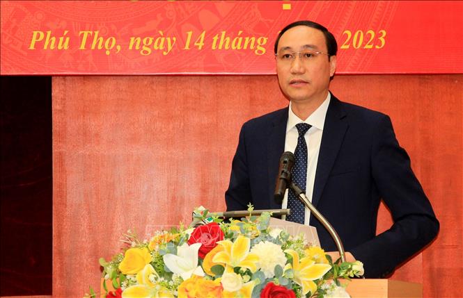 Phó Bí thư Tỉnh ủy Phú Thọ Phùng Khánh Tài phát biểu nhận nhiệm vụ. Ảnh: Trung Kiên/TTXVN