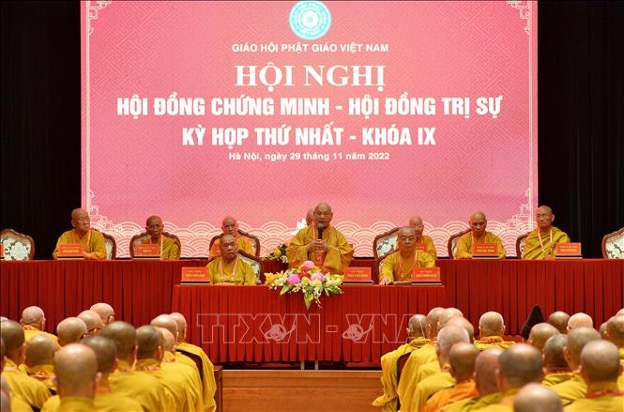 Phiên họp thứ nhất của Ban Thường trực Hội đồng Chứng minh và Ban thường trực Hội đồng Trị sự Giáo hội Phật giáo Việt Nam khóa IX. Ảnh: TTXVN