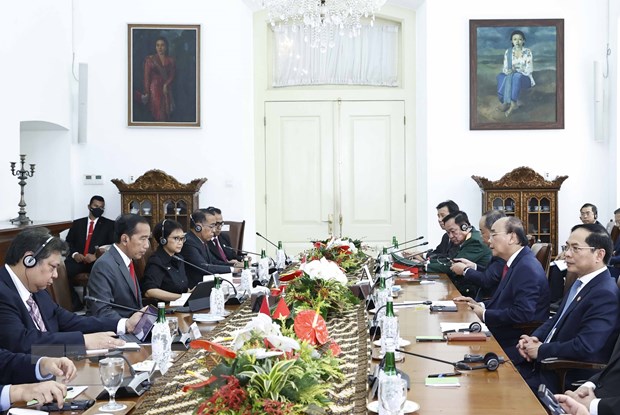 Chủ tịch nước Nguyễn Xuân Phúc hội đàm với Tổng thống In-đô-nê-xi-a Joko Widodo. (Ảnh: Thống Nhất/TTXVN).