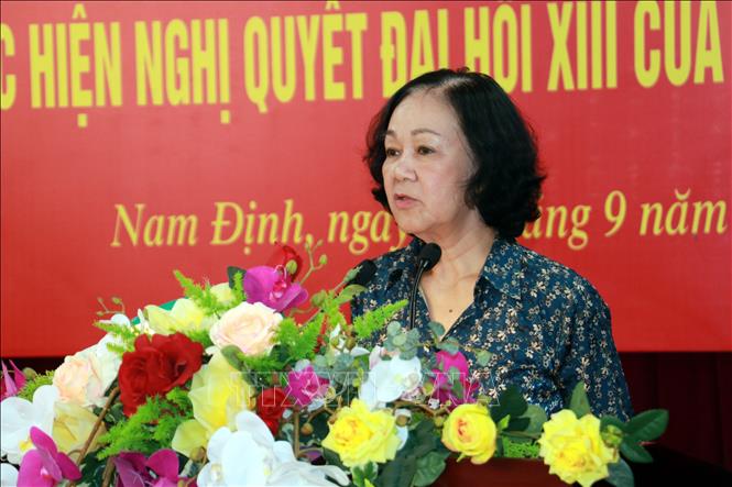 Ủy viên Bộ Chính trị, Bí thư Trung ương Đảng, Trưởng Ban Tổ chức Trung ương Trương Thị Mai phát biểu chỉ đạo tại buổi làm việc.
