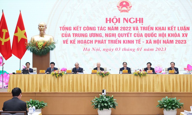 Các đồng chí lãnh đạo Đảng, Quốc hội, Chính phủ dự Hội nghị trực tuyến của Chính phủ với địa phương tổng kết công tác năm 2022 và triển khai Kết luận của Trung ương, Nghị quyết của Quốc hội khoá XV về Kế hoạch phát triển kinh tế-xã hội năm 2023 - Ảnh: VGP