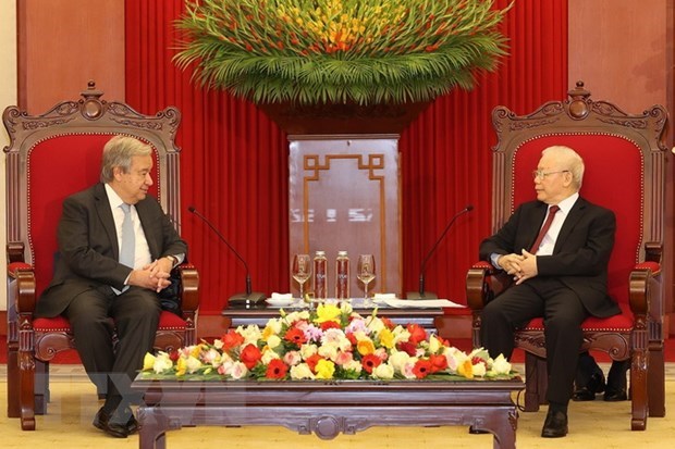 Tổng Bí thư Nguyễn Phú Trọng tiếp Tổng Thư ký LHQ Antonio Guterres. (Ảnh: TTXVN)