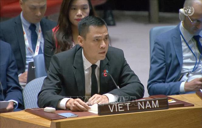 Đại sứ Đặng Hoàng Giang, Trưởng Phái đoàn thường trực Việt Nam tại LHQ, phát biểu tại phiên họp. Ảnh: TTXVN