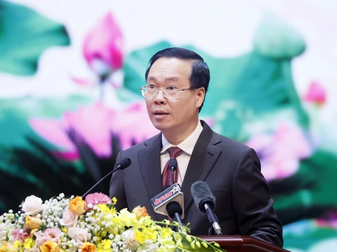 Chủ tịch nước Võ Văn Thưởng phát biểu ý kiến chỉ đạo tại Hội nghị. (Ảnh: Thống Nhất/TTXVN).