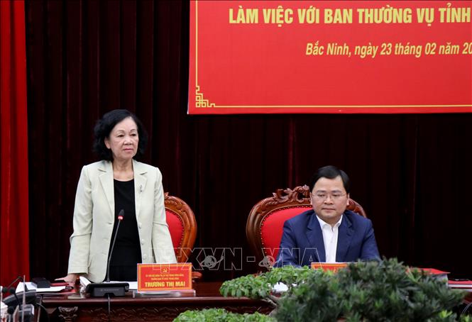 Ủy viên Bộ Chính trị, Bí thư Trung ương Đảng, Trưởng Ban Tổ chức Trung ương Trương Thị Mai phát biểu tại buổi làm việc.