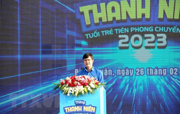 Bí thư thứ nhất Trung ương Đoàn Bùi Quang Huy phát biểu tại Lễ khởi động Tháng Thanh niên 2023. (Ảnh: Nguyễn Thanh/TTXVN).