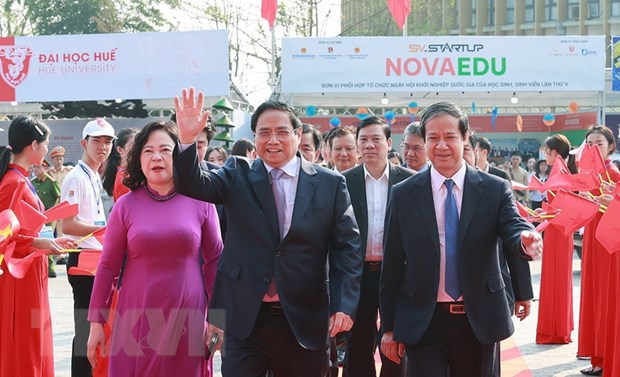 Thủ tướng Phạm Minh Chính đến dự Lễ khai mạc Ngày hội Khởi nghiệp quốc gia của học sinh, sinh viên lần thứ V. (Ảnh: Dương Giang/TTXVN).