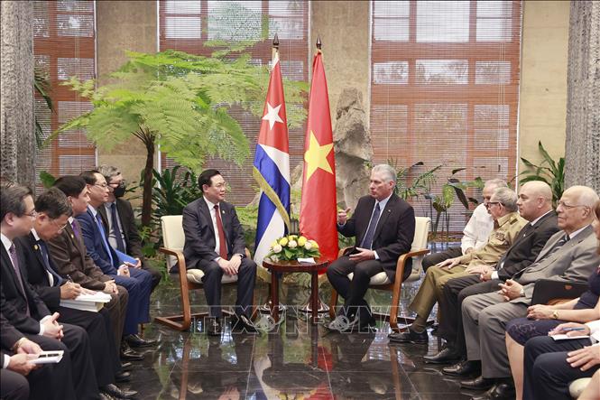 Chủ tịch Quốc hội Vương Đình Huệ hội kiến Chủ tịch nước Cộng hòa Cu-ba Miguel Díaz-Canel. Ảnh: Doãn Tấn/TTXVN