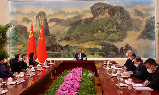 Thường trực Ban Bí thư Trương Thị Mai hội kiến Tổng Bí thư, Chủ tịch Trung Quốc Tập Cận Bình. Ảnh: Mạnh Cường/TTXVN