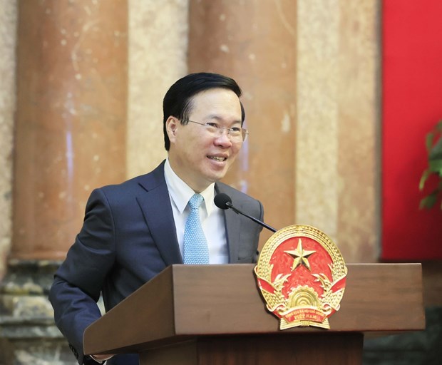 Chủ tịch nước Võ Văn Thưởng phát biểu tại buổi gặp mặt. (Ảnh: Thống Nhất/TTXVN).