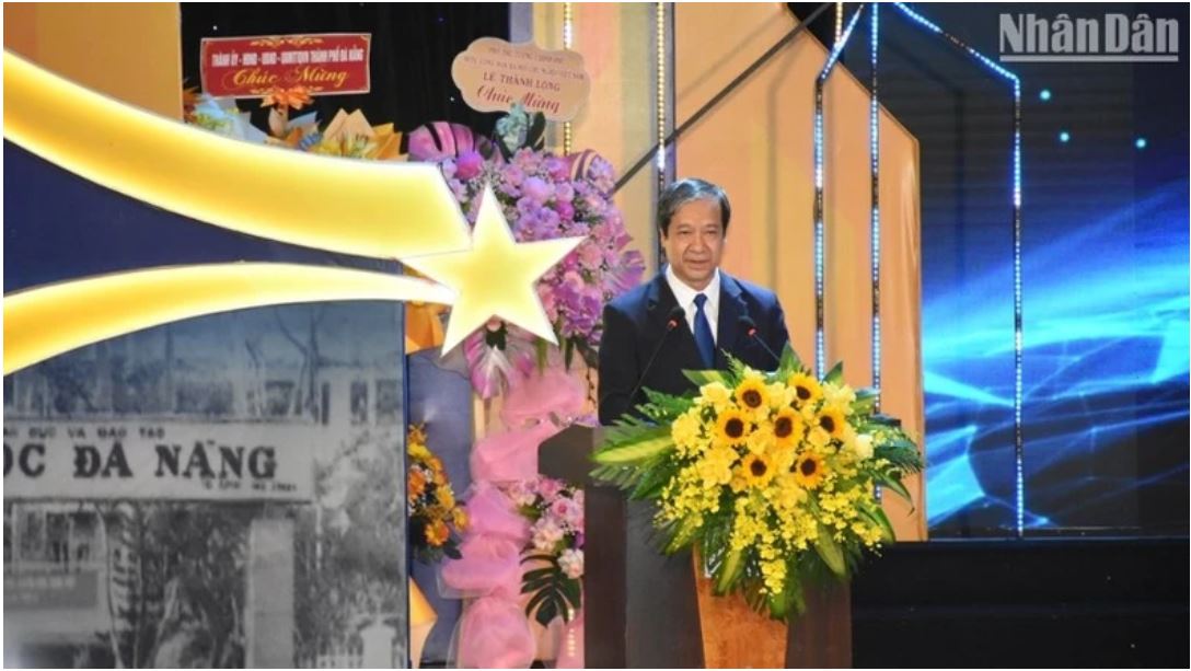 Bộ trưởng Giáo dục và Đào tạo Nguyễn Kim Sơn phát biểu tại Lễ kỷ niệm. (Ảnh: ANH ĐÀO)