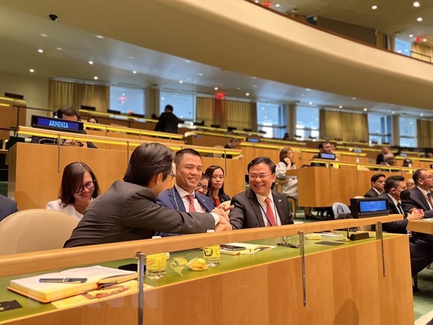 Đoàn Việt Nam tham dự phiên họp bỏ phiếu và công bố kết quả thành viên Hội đồng Nhân quyền Liên hợp quốc. (Ảnh: TTXVN)