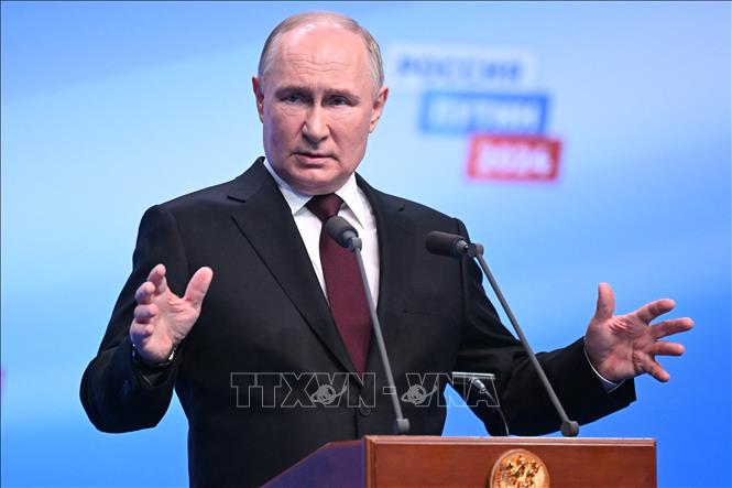 Tổng thống Nga Vladimir Putin trong cuộc họp báo tại Moskva sau khi kết quả bầu cử được công bố, ngày 18-3-2024. Ảnh: AFP/TTXVN