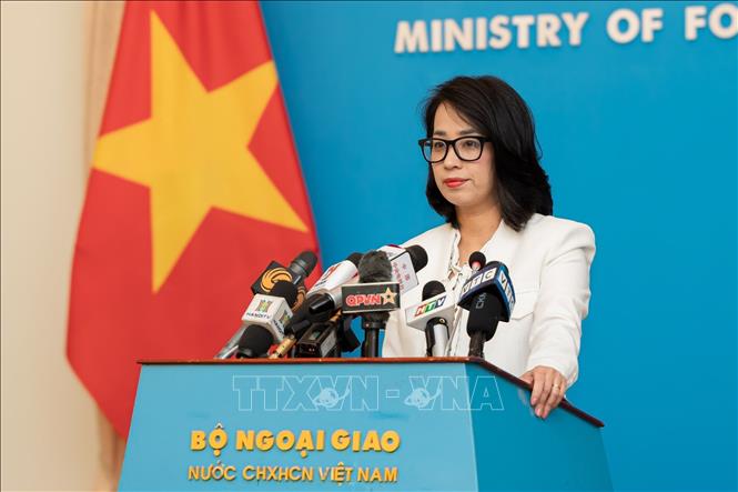 Người Phát ngôn Phạm Thu Hằng chủ trì buổi họp báo Bộ Ngoại giao thường kỳ tháng 4-2024. Ảnh: TTXVN