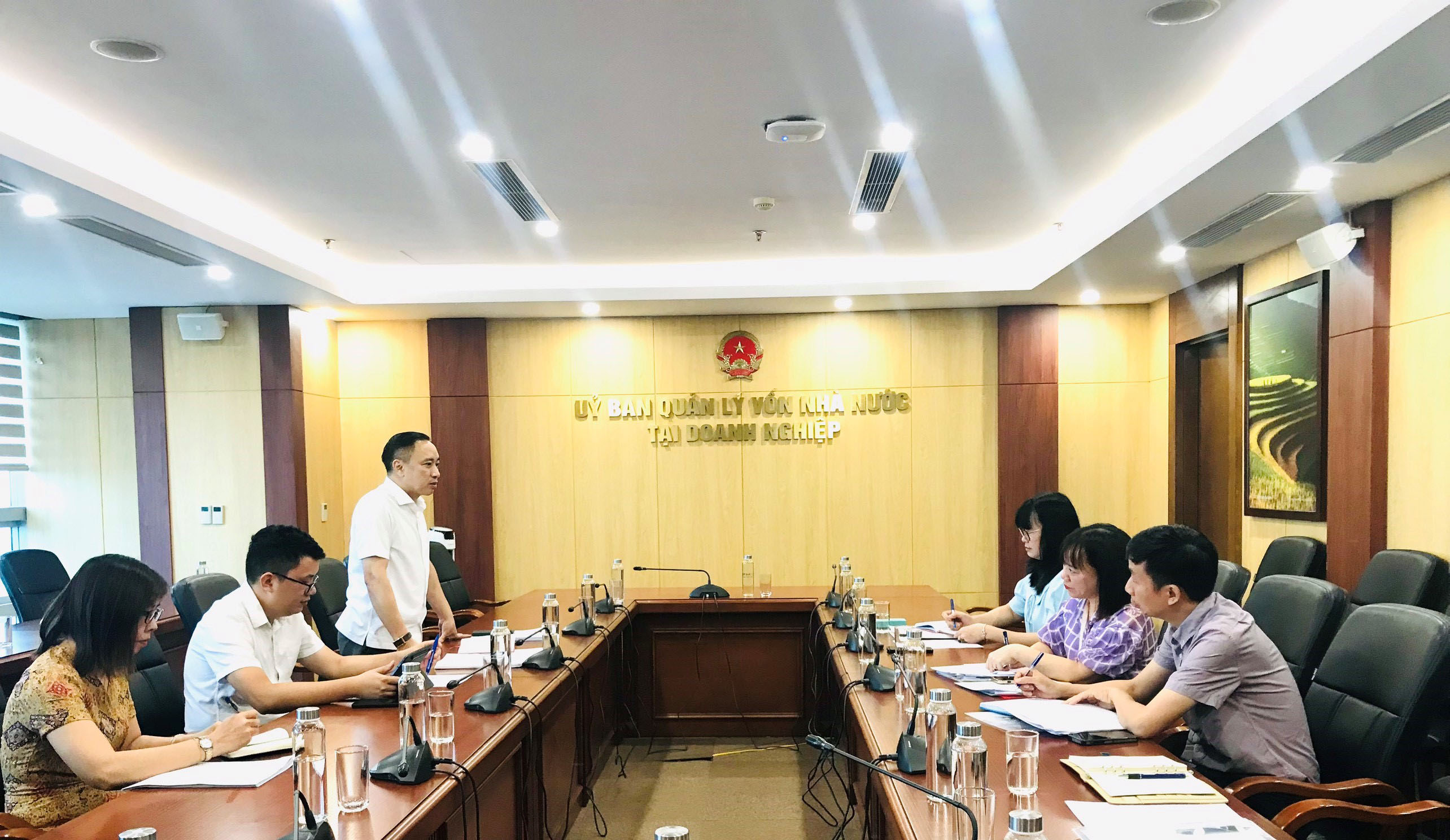 Đồng chí Phạm Minh Hoàng, Chánh Văn phòng Ban Cán sự đảng Ủy ban Quản lý vốn nhà nước tại doanh nghiệp phát biểu tại buổi làm việc.